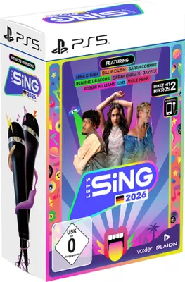 The image shows the packaging for the PS5 game 'Let's Sing 2026' which includes two microphones.