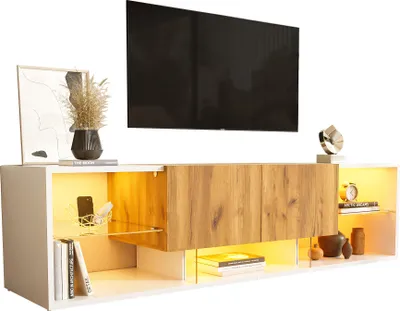 Image de Meuble TV 160 x 40 x 42 cm, Meuble TV moderne avec étagère en verre et 2 tiroirs, blanc