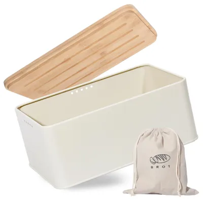 Produktbild von Theo&Cleo Brotkasten mit Schneidebrett , 33x21x15cm , Matte Brotbox mit Bambusdeckel und Leinen Brotbeutel , Rundum Belüftung , Brotkorb für langanhaltende Frische (Beige)