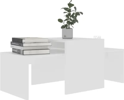 A white coffee table set with books and a plant on it, against a white background.