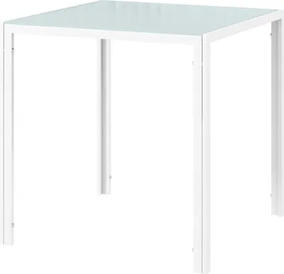 A white square table with a glass top, shown from a diagonal angle against a white background.