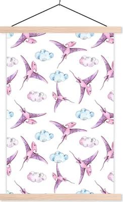 Produktbild von MuchoWow® Textilposter Dinosaurier - Muster - Kinderzimmer - Mädchen - Kinder - Rosa - Kinder 40x60 cm mit holzfarbenen Rahmen - Poster