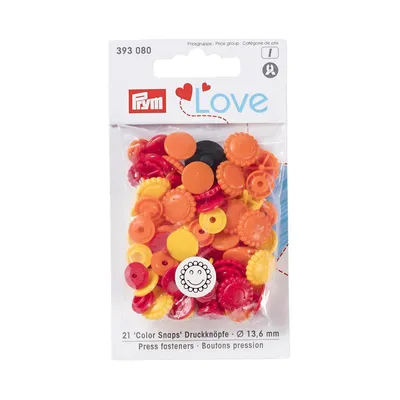 Obrázek produktu pro Plastové patentky "Color Snaps" kytičky, Prym Love, 13,6 mm, 21 ks, červené/oranžové/žluté