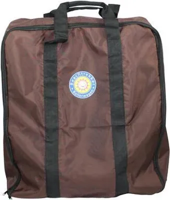 A brown bag with black straps and a circular logo on it.