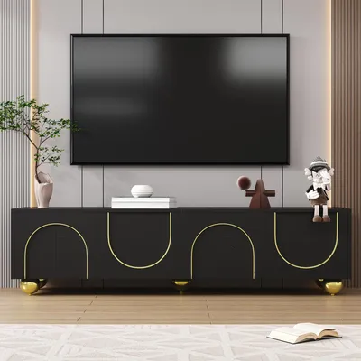 Produktbild von TV-Schrank, lowboard mit strukturierten Türen, goldenen Verzierungen, goldenen runden Beinen, inklusive Einlegeböden, push-to-open