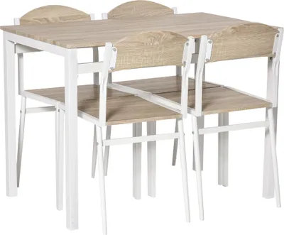 Produktbild von Essgruppe 5-teilig Esstisch Set mit Holzmaserung MDF und Metall in Grau und Weiß, 1 Tisch und 4 Stühle für modernes Esszimmer
