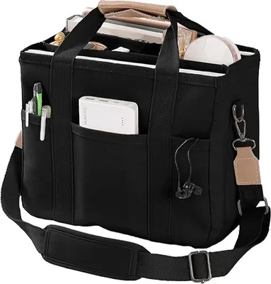 Produktbild von ASKAS Canvas Tragetasche Damen Multi-Pocket Tasche Casual Organisiert Schultertasche Tote Bag fuer Student, Muetter, Bueroangestellte,Schwarz