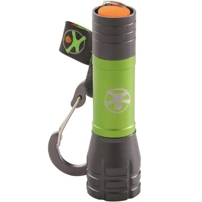 A green and black flashlight with a carabiner clip and a lanyard.