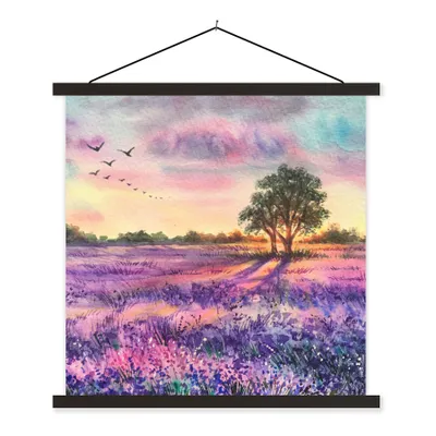 Produktbild von MuchoWow® Textilposter Lavendel - Farbe - Vögel - Bäume - Lila 120x120 cm mit schwarzem Rahmen - Aufhängungsset