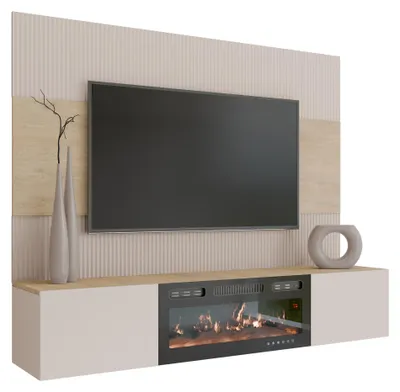 Produktbild von MIRJAN24 Wohnwand Deromi III, Wohnzimmer Möbel Set, Mit Kamin, Griffloses Öffnungssystem push to open, 2er-Set (Farbe: Sandbeige / Sandbeige + Eiche Cremona)