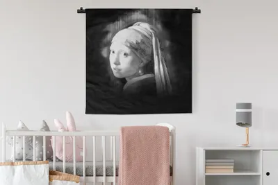 Produktbild von MuchoWow® Wandteppich Wandbehang Das Mädchen mit dem Perlenohrring - Johannes Vermeer - Schwarz und weiß 90x90 cm Tapisserie Dekoration Wandtuch - Wandaufhänger