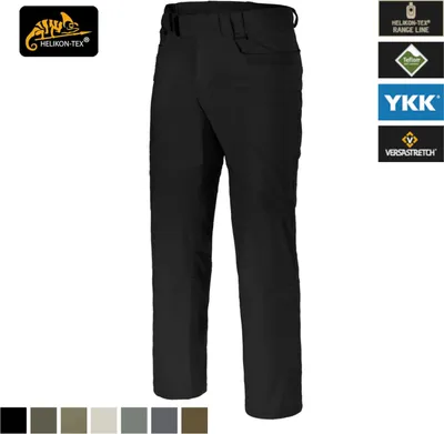 A studio shot of black tactical pants, with branding and color swatches shown.