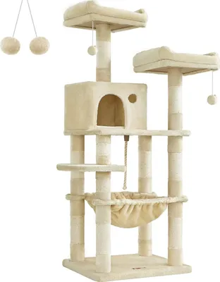 Image de FEANDREA Arbre à chat, arbre à chat 143 cm, 2 plates-formes d'observation confortables, beige