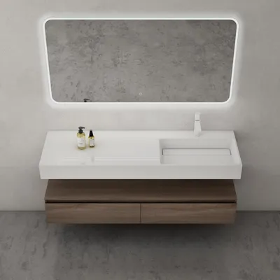 Produktbild von doporro Waschbecken-Unterschrank Badmöbel-Set in Eiche Design Waschplatz 150x48x25cm Badzimmerschrank inkl. Weiß matt Minralguss-Waschbecken und LED-Spiegel UP