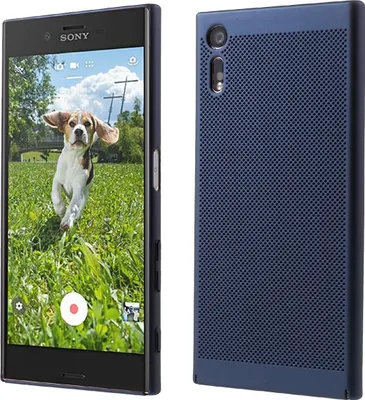A Sony Xperia XA1 smartphone is shown from the front and back, with the front displaying a dog running in a field.