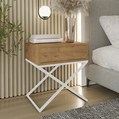 Produktbild von AX LIVING Nachttisch modern Aleio X 45 cm, Eiche Wotan, weißes Gestell