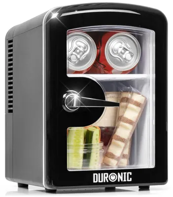 Produktbild von Duronic MFW4 BK Mini Kühlschrank, 4 L Getränkekühlschrank für bis zu 6 Dosen, Für 12V Auto Zigarettenanzünder oder 230V Steckdose, Mini Retro Fridge