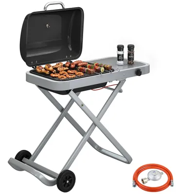 Zdjęcie produktu dla Przenośny grill gazowy Outsunny z jednym palnikiem o mocy 2,5 kW na kółkach ze składanym wózkiem