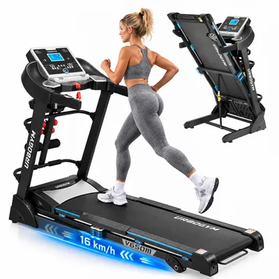 Produktbild von URBOGYM V650M Laufband klappbar bis 16 km/h, 140 kg, 45 × 126 cm Lauffläche, 3 Steigungsstufen, 12 Programme, Massagegerät, Bluetooth und LCD-Display.