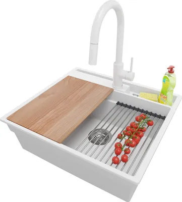 Produktbild von PRIMAGRAN Granitspüle Weiß 58x53cm, Spülbecken 1 Becken + Küchenarmatur 40x20cm + Ablauf-Set + Küchenzubehörset, Küchenspüle ab 60er Unterschrank - Oslo Pocket