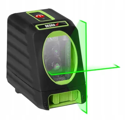 A black and green laser level emitting green laser lines.