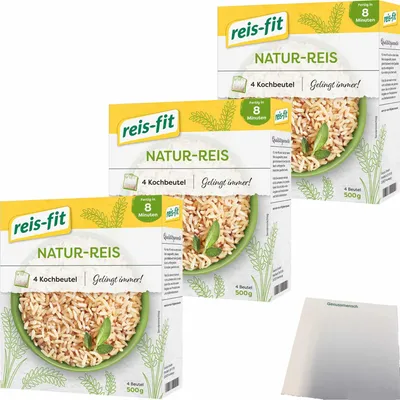 Produktbild von reis-fit 8 Minuten Natur Reis 3er Pack (3x500g Packung) + usy Block