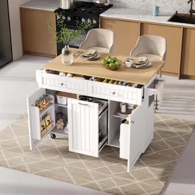 Image de okwish Meuble de cuisine mobile, chariot avec roulettes et espace repas extensible, plan de travail rabattable et tiroir, blanc