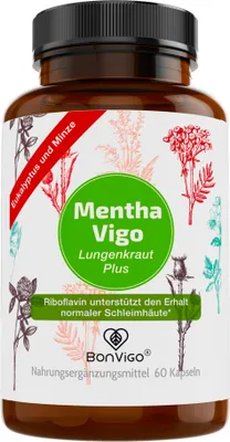 Produktbild von MenthaVigo Lungenkraut & Eukalyptus Kapseln - 11 Pflanzen-Extrakte - Riboflavin für normale Schleimhaut, z.B. Hals, Nase Bronchien - Selen Immunsystem