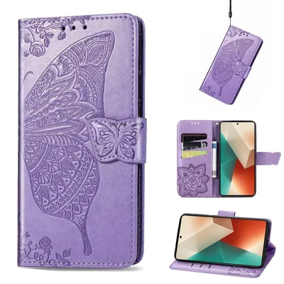 Produktbild von Für Xiaomi Poco M6 Pro 4G / Redmi Note 13 Pro 4G Kunstleder Wallet Handy Tasche Schmetterling Design Schutz Hülle Hell-Lila