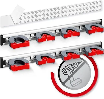 Obrázek produktu pro Samolepicí držák na smetáky, 2 ks – 4 držáky a 5 háčků (45 cm / 18'') – prémiový držák na nástěnnou montáž a zahradní nářadí