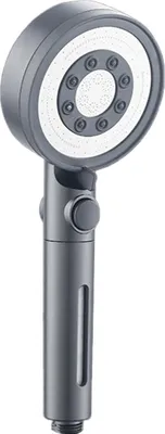 A close-up studio shot of a gray handheld shower head against a white background.
