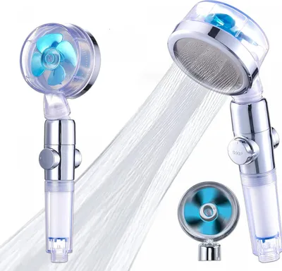 Two views of a shower head with a blue turbine inside, one showing water spraying out.