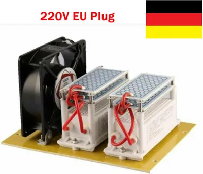 A close-up product shot of an ozone generator with a fan and two ceramic plates, with text overlay and a German flag.