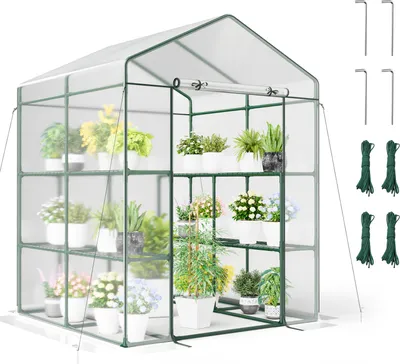 A greenhouse filled with plants on shelves.