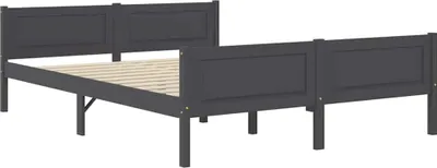 A dark gray wooden bed frame with a slatted base, shown from a side angle against a white background.