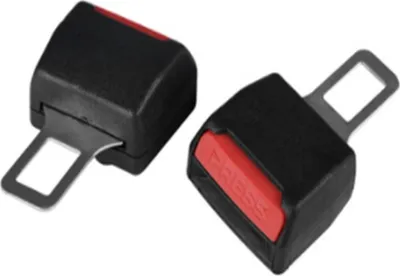 Two black seatbelt buckles with red buttons are shown against a white background.