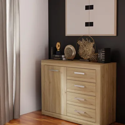 Produktbild von Forte BACCIO Kommode 100 110, moderne Kommode für Wohn-/Schlafzimmer, 1-türig, 4 Schubladen, Holzwerkstoff, Mauvella Eiche Holzdekor, 108,1 cm breit x 85,5 cm hoch x 41 cm tief
