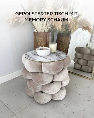 Produktbild von Runde Couchtische mit Velour und Memory Schaum | Tisch mit Korbfunktion | Marmormuster | 40 cm | Beige