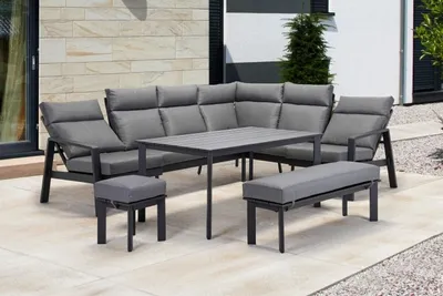 Produktbild von Casa Padrino Luxus Garten Möbel Set Grau - 1 Tisch & 1 Ecksofa & 1 Sitzbank & 1 Hocker