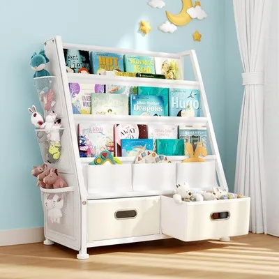 Immagine prodotto di Scaffale per libri per bambini con portaoggetti per giocattoli e contenitori per giochi, ideale per l'arredamento della stanza dei giochi