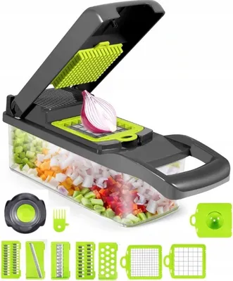 A multi-functional vegetable chopper with various attachments, shown with chopped vegetables in its container and an onion being prepared for chopping.