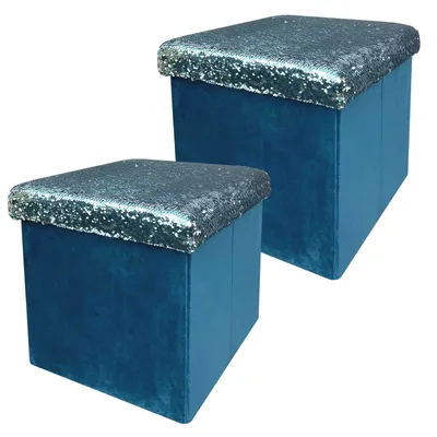 Immagine prodotto di Set di 2 poggiapiedi con vano contenitore, rivestiti in velluto, colore smeraldo | Contenitore decorativo con paillettes e coperchio, pieghevole | Panca decorativa, contenitore pieghevole, impilabile