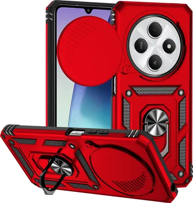 Immagine prodotto di Custodia per Xiaomi Redmi 14C a doppio strato con copertura scorrevole della fotocamera e supporto ad anello Rosso