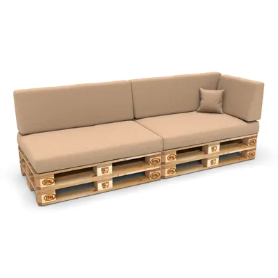 A sectional sofa made from wooden pallets with beige cushions, shown against a white background.