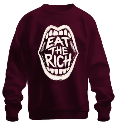 Zdjęcie produktu dla Bluza z nadrukiem "Eat The Rich", styl punk, sarkastyczny motyw, kolor burgundowy, rozmiar 3XL