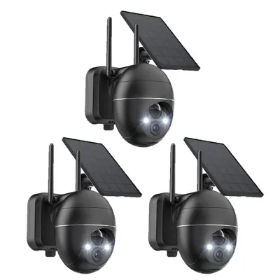 Produktbild von 3 Stücke 2K Solar Überwachungskamera Aussen Akku Kabellose Überwachungskamera mit Farbnachtsicht PIR Bewegungsmelder Sirene/Weißlichtalarm Alexa