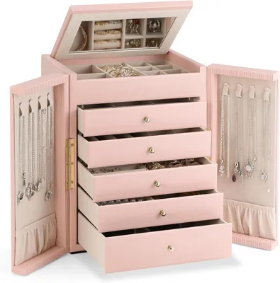Imagen del producto de Caja de joyería con espejo, 5 cajones, de gran tamaño, para guardar joyas, ideal para mujeres