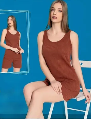 Produktbild von Damen Pyjama Braun L Shorty Kurz 2-Teiler Set Baumwolle C-84