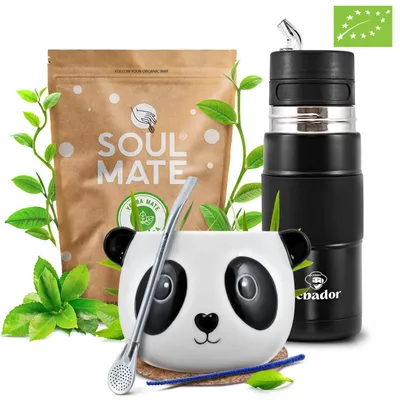 Produktbild von Soul Mate - Mate Tee Set Organica Sin Humo 500g - Edelstahl Yerbomos X 450ml Schwarz - Keramik Becher Panda 350ml - Bombilla - Luftgetrocknet