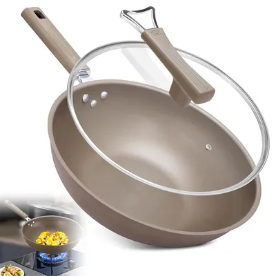 Produktbild von Titan Wok 34cm ohne Beschichtung – Gesundheits Antihaft Bratpfanne, universell für alle Herde, langlebig & leicht, mit Deckel